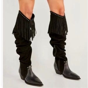 Free People Sage Fringe Over-The-Knee Boots Black Suede & Leather